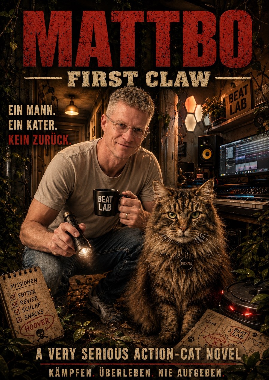 Cover artwork for MATTBO: FIRST CLAW, showing Mattbo and Michael the cat in the Beat Lab.